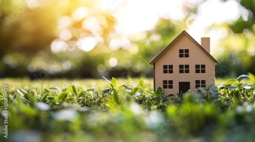 Small house model on grass with bright sunlight in background.