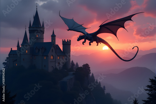 Dragon's Sunset Soar: Majestic silhouette of a dragon in flight against a vibrant sunset, overlooking a medieval castle perched atop a misty mountain. A scene of fantasy and wonder. 