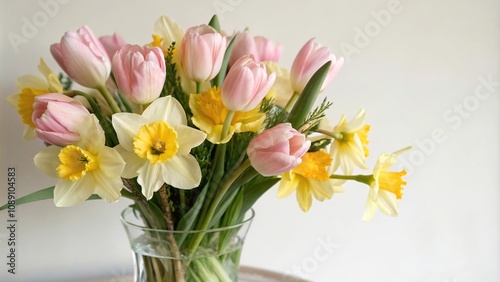 Wallpaper Mural A bouquet of pastel-hued tulips and daffodils in a delicate glass vase, , flower bouquet Torontodigital.ca