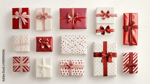 Assortment of Wrapped Christmas Presents with Red and White Designs