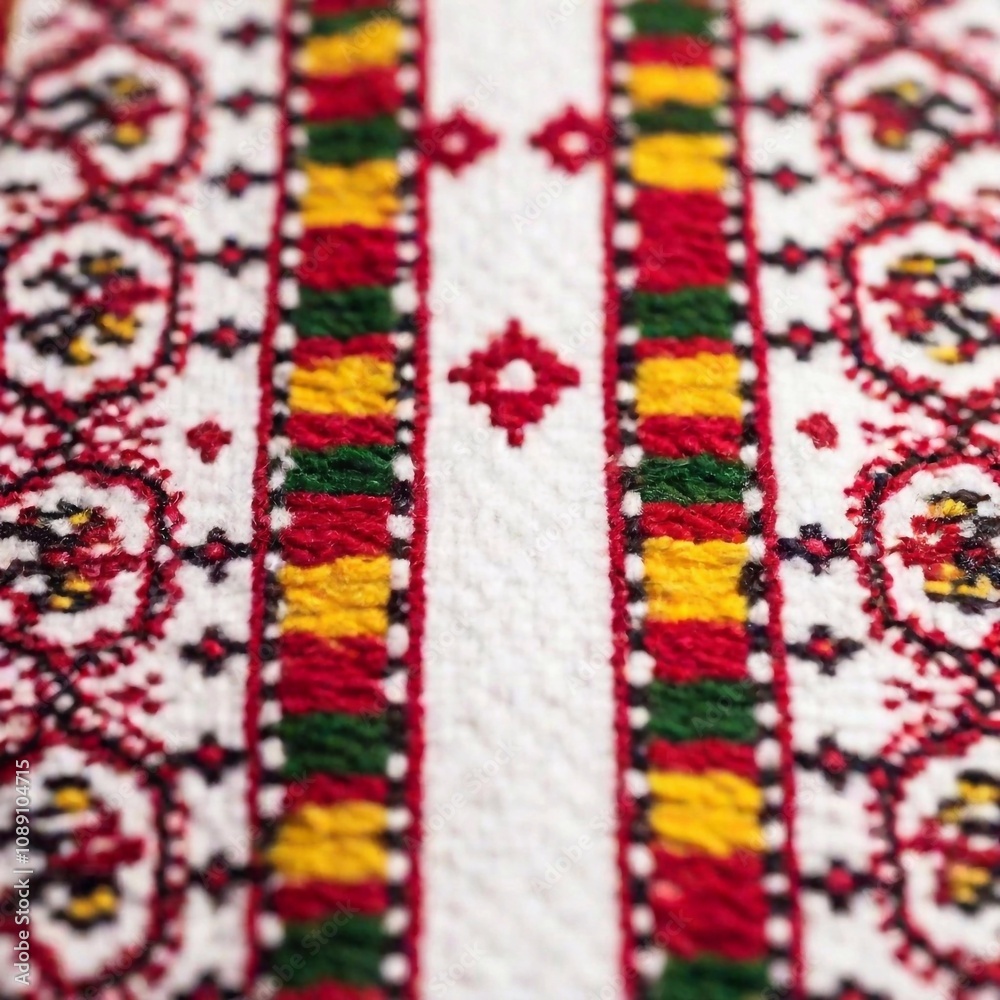 Macro image of intricate Bulgarian folk embroidery on a traditional vest, featuring colorful floral and geometric patterns Macro image of intricate Bulgarian folk embroidery on a traditional vest, featuring colorful floral and geometric patterns