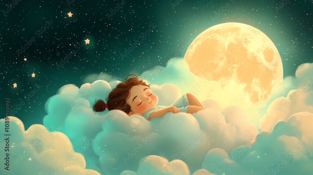 illustration lullaby theme, A serene scene of a girl dreaming peacefully on fluffy clouds under a glowing moon in a starry night sky.