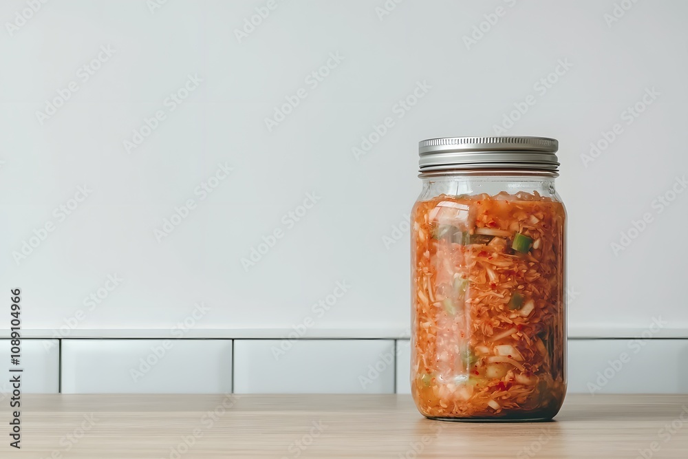 Glass Jar of Spicy Red Kimchi Fermenting on a Wooden Counter – Homemade, Fermentation Process, and Traditional Korean Cuisine Glass Jar of Spicy Red Kimchi Fermenting on a Wooden Counter – Homemade, Fermentation Process, and Traditional Korean Cuisine