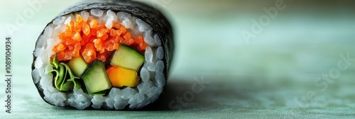 Delicious vegetarian sushi roll features rice, carrots, cucumber, and seaweed, perfectly prepared for a healthy meal photo