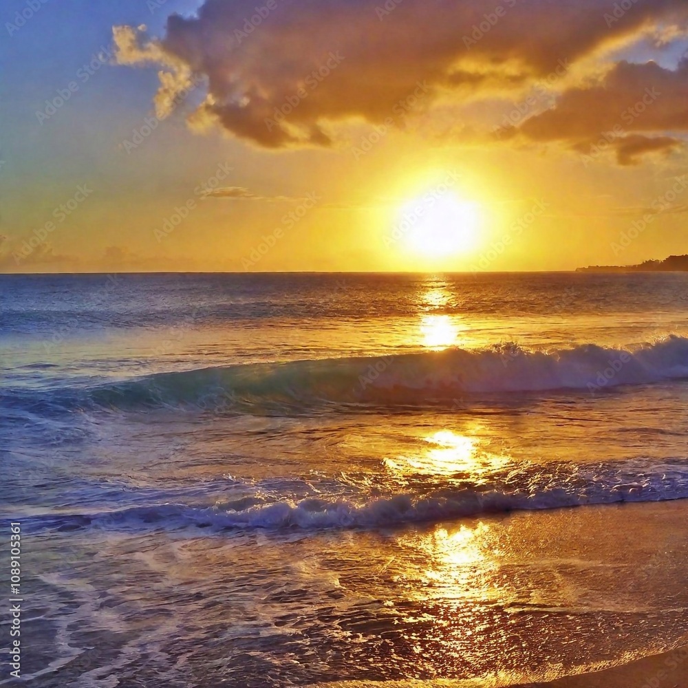 Obraz premium A colorful tropical sunset with waves gently crashing against the shore
