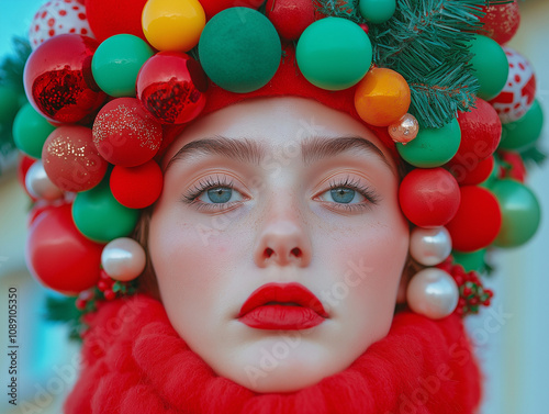 A festive portrait of a woman in a vibrant Christmas ornament headpiece and bright red fur scarf, exuding holiday charm. A creative and luxurious holiday editorial. photo