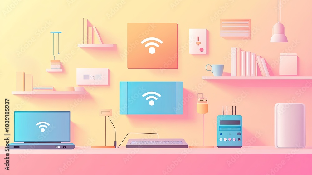 A colorful flat design showing a home Wi-Fi network with gadgets connected wirelessly, on a pastel-colored workspace background A colorful flat design showing a home Wi-Fi network with gadgets connected wirelessly, on a pastel-colored workspace background