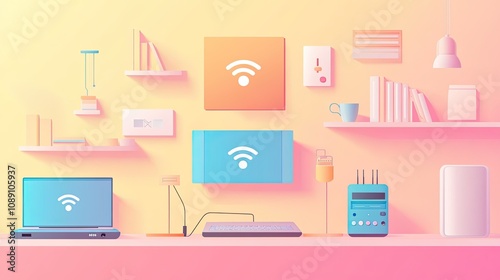 A colorful flat design showing a home Wi-Fi network with gadgets connected wirelessly, on a pastel-colored workspace background