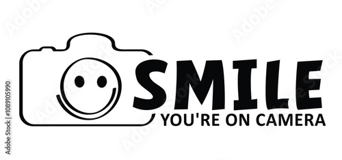 Cartoon drawing photo camera and smile. Smile, You're on camera or You're on dash cam. Take photo and smile. Photocamera icon.  For Photography flash concept. Happy face.