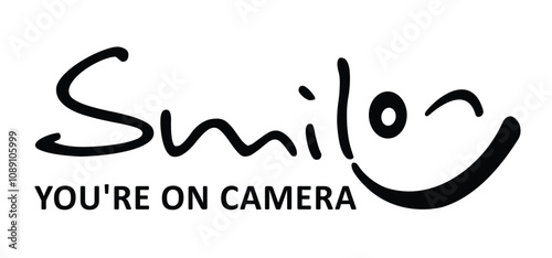Cartoon drawing photo camera and smile. Smile, You're on camera or You're on dash cam. Take photo and smile. Photocamera icon.  For Photography flash concept. Happy face.