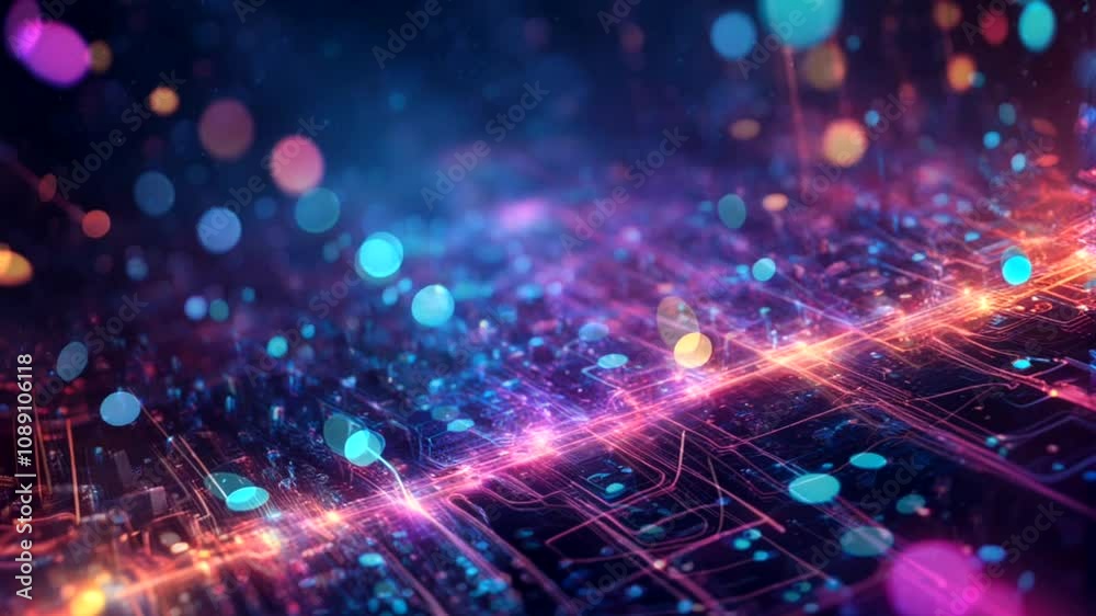 An abstract representation of a digital world filled with colorful glowing particles and intricate circuitry. An abstract representation of a digital world filled with colorful glowing particles and intricate circuitry.