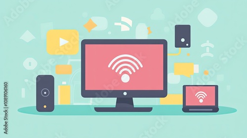 A colorful flat design showing a home Wi-Fi network with gadgets connected wirelessly, on a pastel-colored workspace background