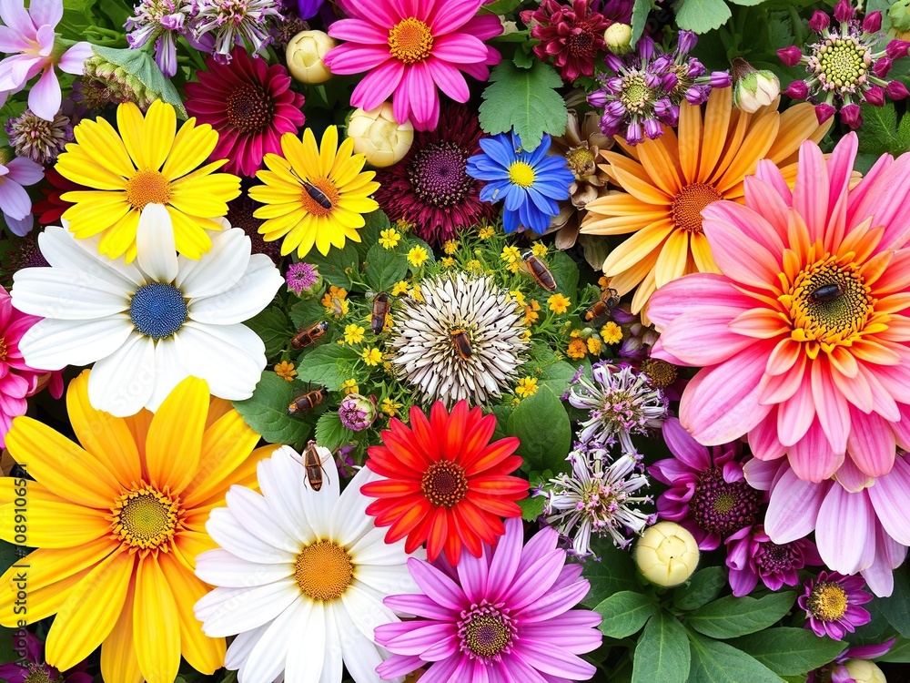 Fototapeta premium A colorful arrangement of flowers and foliage with insects in the center, entomology, outdoor spaces, wildlife photography