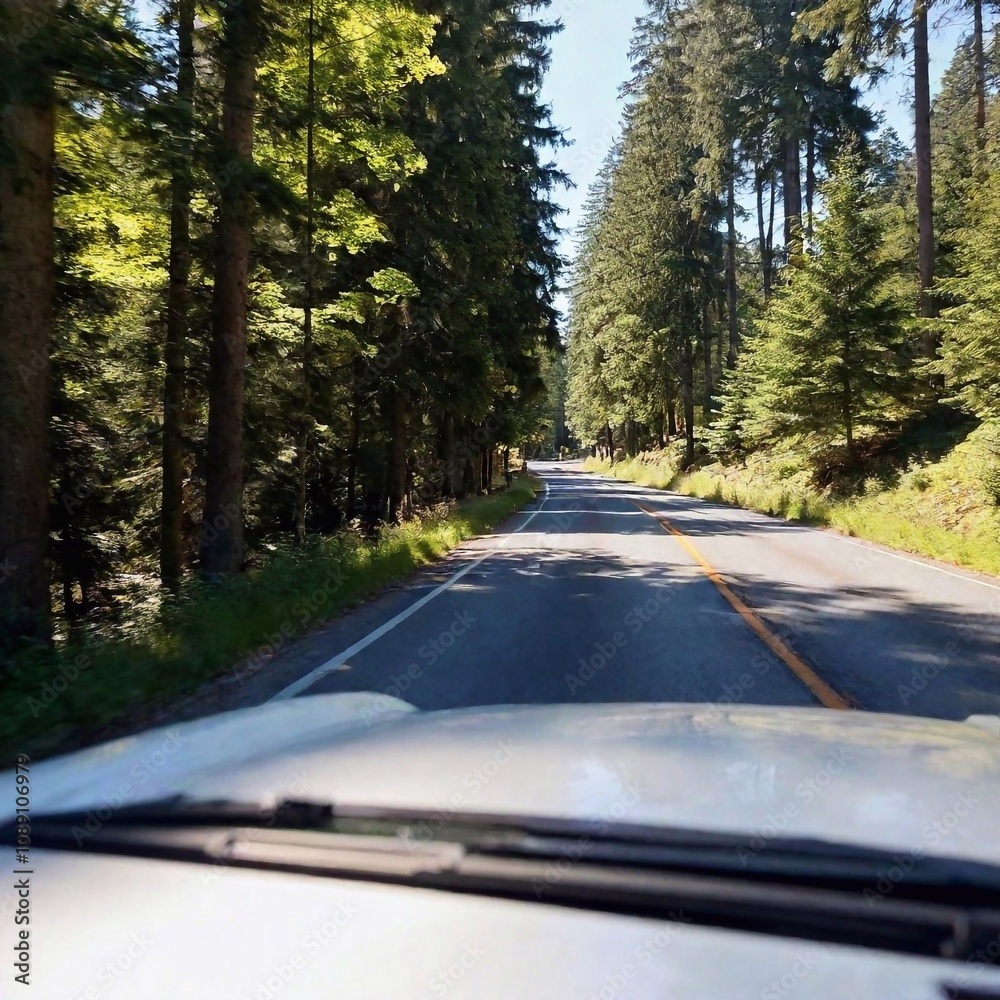 A retro road trip scene, capturing a scenic winding highway through a forest, seen from the front seat of a vintage car with a dusty windshield and scratches marking the film. A retro road trip scene, capturing a scenic winding highway through a forest, seen from the front seat of a vintage car with a dusty windshield and scratches marking the film.