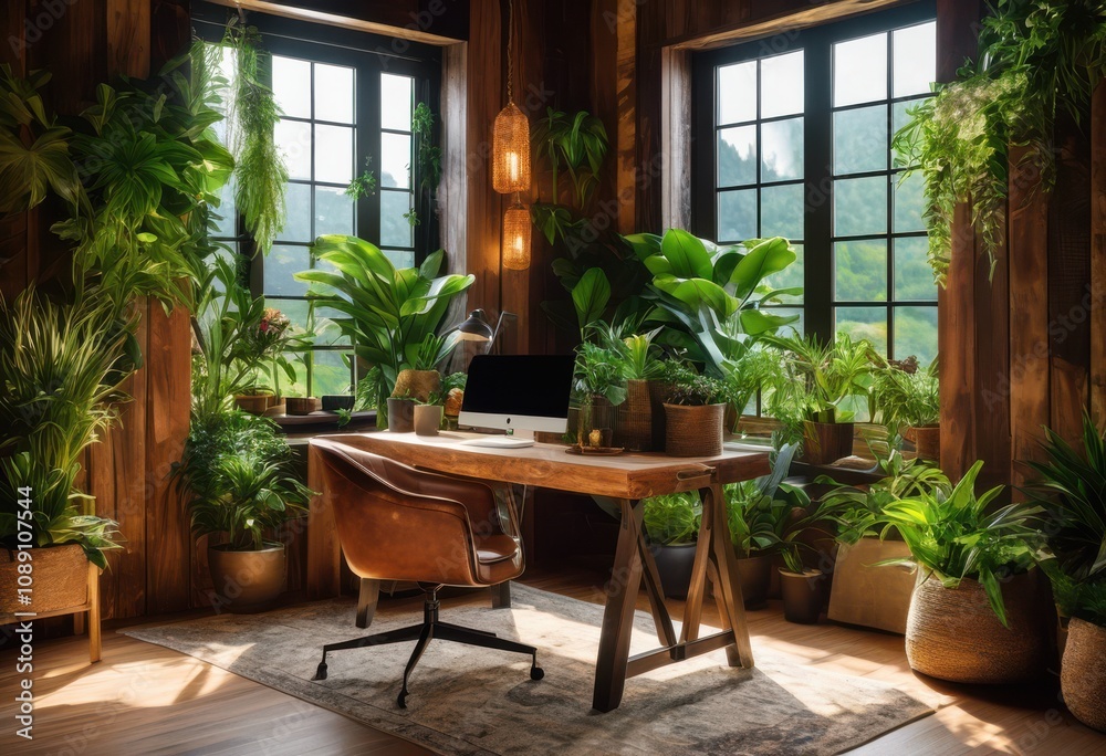 Fototapeta premium scenic workspace featuring nature inspired elements including natural wood earthy textures calming atmosphere, greenery, light, plants, decor, colors