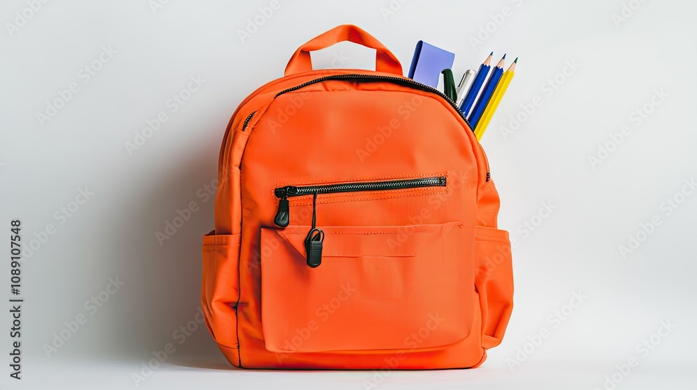 Close-up of a trendy backpack adorned with school gear, isolated against white, showcasing back-to-school enthusiasm. Close-up of a trendy backpack adorned with school gear, isolated against white, showcasing back-to-school enthusiasm.