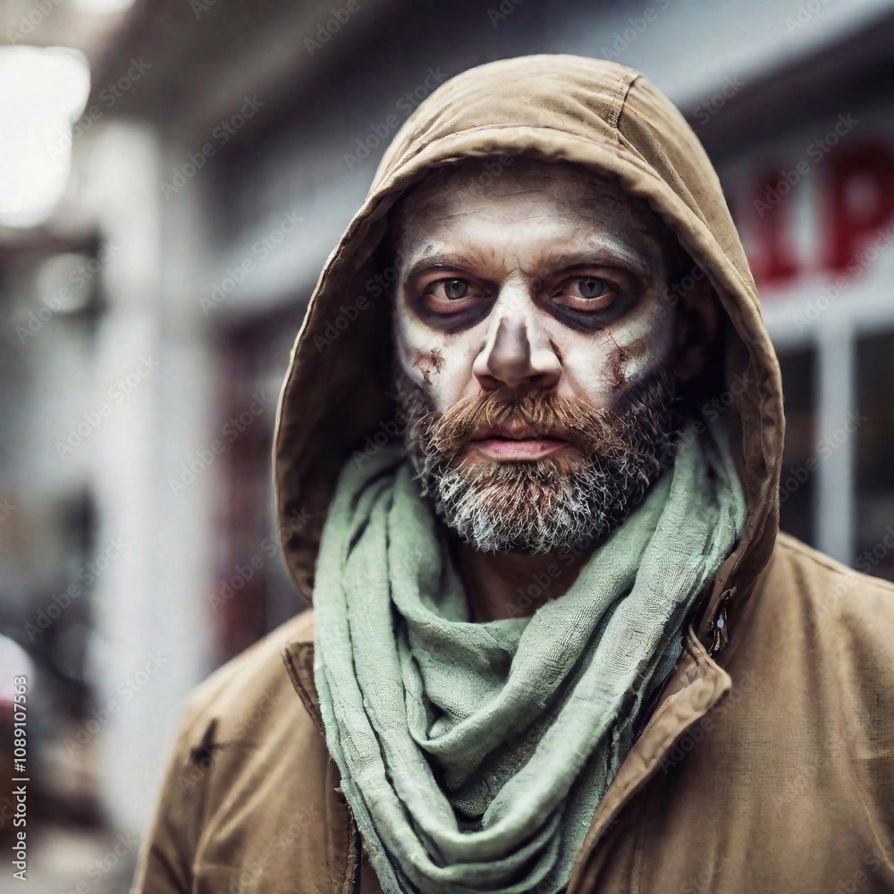 Extreme macro portrait of a zombie. A post-apocalyptic convenience store, looted and surrounded by zombies. Extreme macro portrait of a zombie. A post-apocalyptic convenience store, looted and surrounded by zombies.