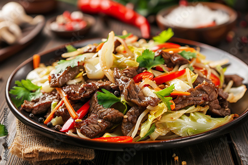 Cabbage and beef stir fry served on a rustic table in vibrant colors