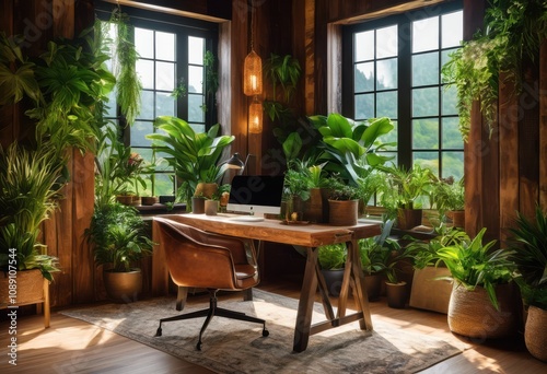 scenic workspace featuring nature inspired elements including natural wood earthy textures calming atmosphere  greenery  light  plants  decor  colors
