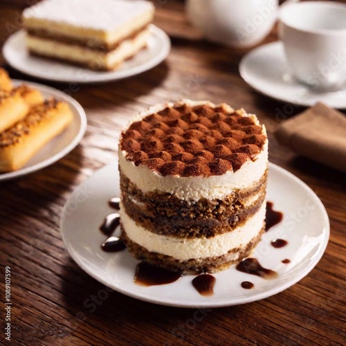 medium shot of a beautifully plated tiramisu, captured from a high angle 