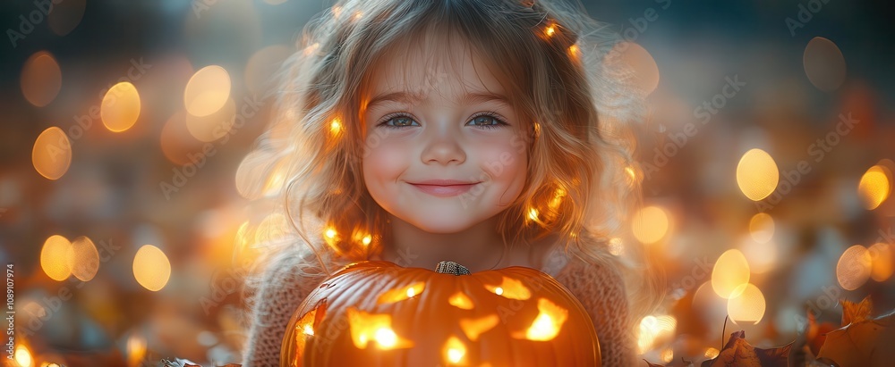 delightful child grinning broadly as they hold a vibrant pumpkin surrounded by twinkling warm lights exuding the essence of the autumn and halloween season in a vertical composition delightful child grinning broadly as they hold a vibrant pumpkin surrounded by twinkling warm lights exuding the essence of the autumn and halloween season in a vertical composition