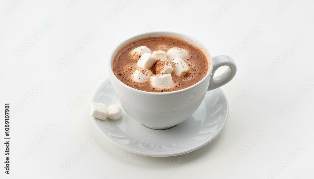 Hot cocoa with marshmallows in white ceramic cup on saucer Hot cocoa with marshmallows in white ceramic cup on saucer
