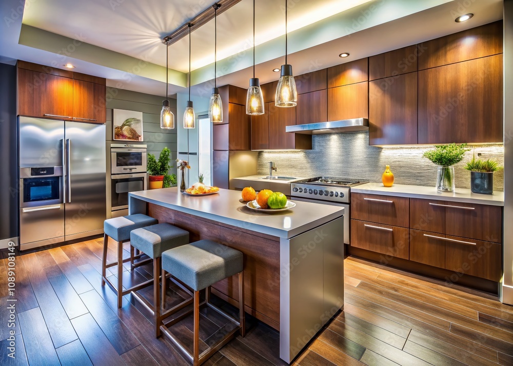 Fototapeta premium Beautiful Grey Modern Kitchen in Luxury Apartment with Stainless Steel Appliances and Minimalist Decor for Stylish Living Spaces