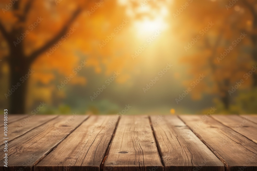 Wooden table with weathered planks in autumn setting with vibrant orange trees and golden sunrise Wooden table with weathered planks in autumn setting with vibrant orange trees and golden sunrise
