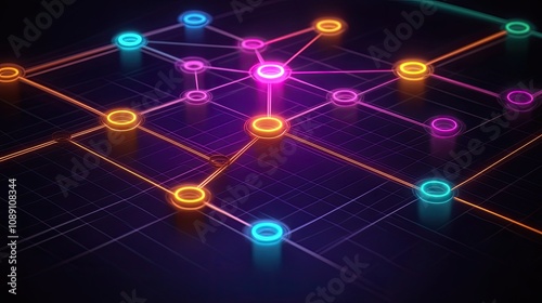 Abstract network diagram in flat vector style, highlighting nodes and links in vibrant neon colors on a dark minimalist grid