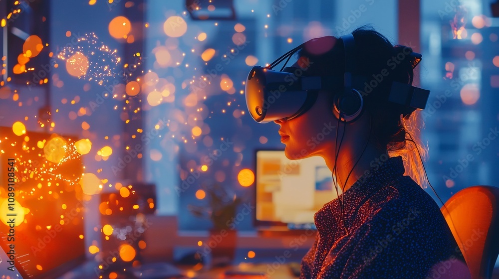 Futuristic Virtual Office with Coworkers in VR Headsets and Floating Digital Tools long title A group of business employees wearing VR Futuristic Virtual Office with Coworkers in VR Headsets and Floating Digital Tools long title A group of business employees wearing VR