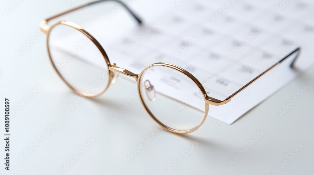 Minimalist desk scene featuring a calendar, glasses, and a financial chart on a white surface Minimalist desk scene featuring a calendar, glasses, and a financial chart on a white surface