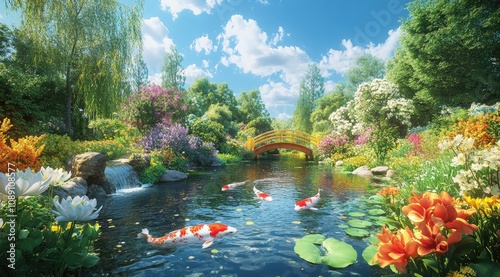 A beautiful bridge arches over the clear water of an enchanted pond, surrounded by colorful flowers and lush greenery under a bright blue sky.