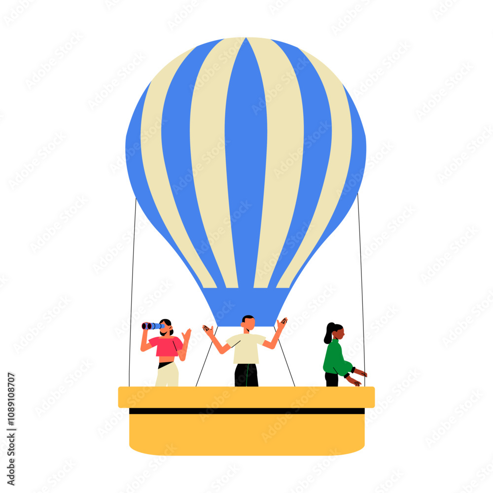Hot Air Balloon With Passengers Exploring In Flat Vector Illustration Symbolizing Adventure, Tourism, And Outdoor Exploration, Isolated On White Background Hot Air Balloon With Passengers Exploring In Flat Vector Illustration Symbolizing Adventure, Tourism, And Outdoor Exploration, Isolated On White Background