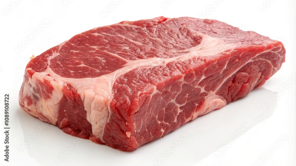A large red meat chunk sits atop a plain white background, its texture and coloration prominent in the image, food styling, culinary arts, meat centerpiece, meat isolated, meat photography A large red meat chunk sits atop a plain white background, its texture and coloration prominent in the image, food styling, culinary arts, meat centerpiece, meat isolated, meat photography