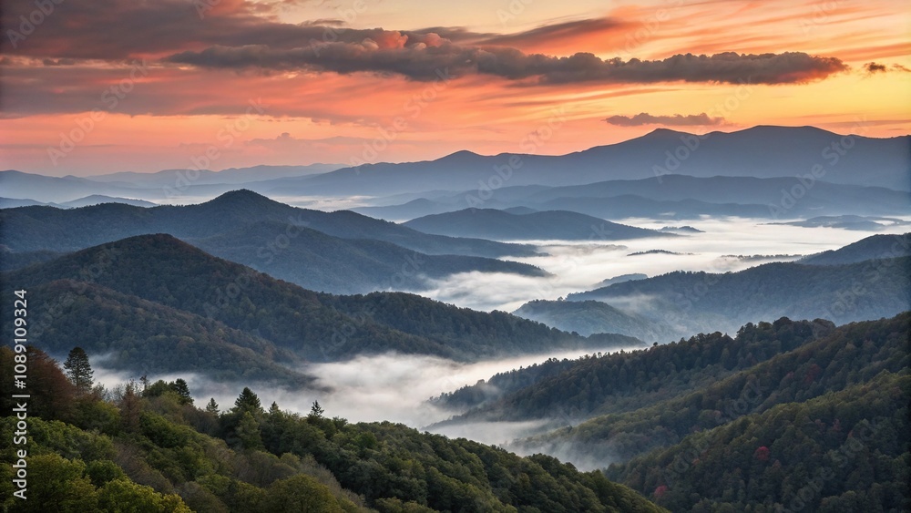 Fototapeta premium Mountain range at sunset with mist and fog, mist, range, golden hour, wilderness, fog