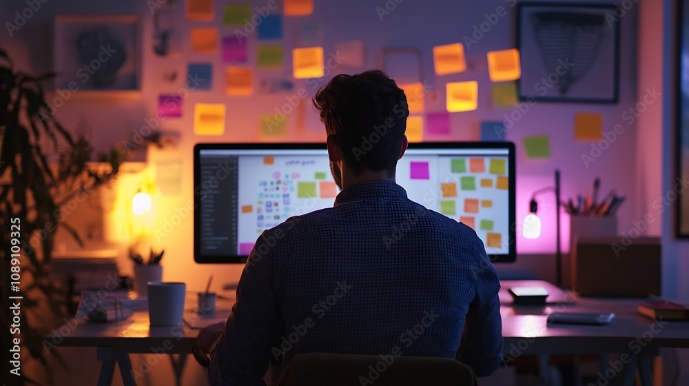 Remote Employee Brainstorming on Glowing Digital Whiteboard in Cozy Home Office Remote Employee Brainstorming on Glowing Digital Whiteboard in Cozy Home Office