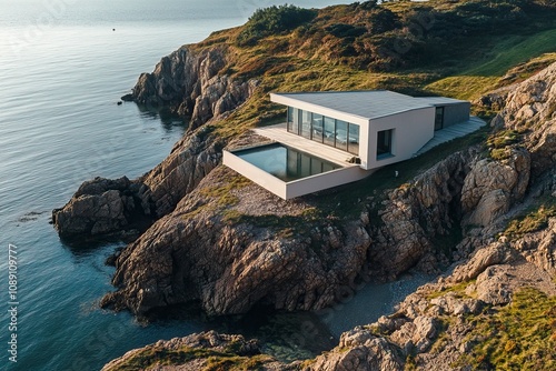 Drone shot of a modern house located on the Island of Sark. The drone in the level with the house but is far from the island so it shows the beautiful landscape.,generative ai photo