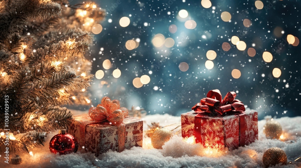 Merry Christmas gift box with ribbon bow on red festive background decorated with balls and tree, happy 2025 new year winter merry xmas handmade holiday present concept, flat lay, copy space Merry Christmas gift box with ribbon bow on red festive background decorated with balls and tree, happy 2025 new year winter merry xmas handmade holiday present concept, flat lay, copy space