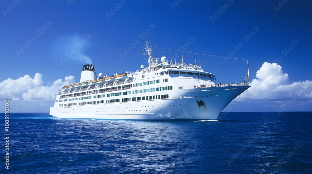 Merchant navy cruise ship sailing under a bright blue sky, passengers lounging on deck as they travel to far-off lands. Merchant navy cruise ship sailing under a bright blue sky, passengers lounging on deck as they travel to far-off lands.