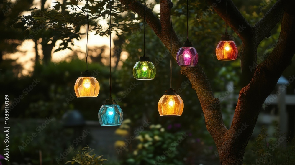 Colorful Hanging Lanterns in a Garden at Dusk Colorful Hanging Lanterns in a Garden at Dusk