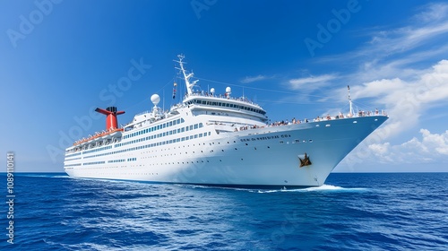 Merchant navy cruise ship sailing under a bright blue sky, passengers lounging on deck as they travel to far-off lands.