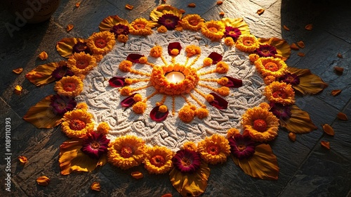 traditional indian kolam designs with rice flour and flowers photo