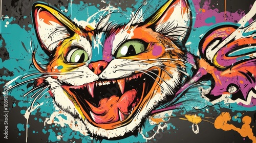 Vibrant graffiti illustration of a playful cat with exaggerated features and bright splashes of color, showcasing a dynamic urban art style.