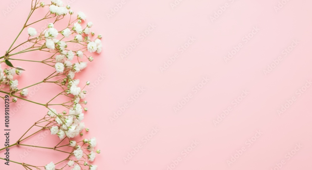 Delicate white baby's breath flowers on soft pink background. Spring, Mother`s Day, Easter background with copy space for design Delicate white baby's breath flowers on soft pink background. Spring, Mother`s Day, Easter background with copy space for design