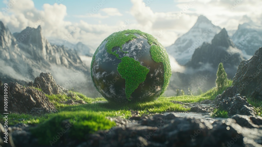 Green Earth sphere surrounded by lush greenery and majestic mountains, symbolizing Earth Day and the vital importance of sustainability in our environment. Green Earth sphere surrounded by lush greenery and majestic mountains, symbolizing Earth Day and the vital importance of sustainability in our environment.