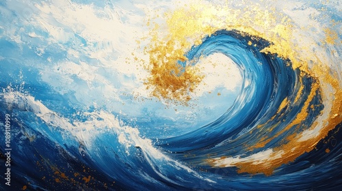 Acrylic fluid art depicting a dynamic golden wave in a vibrant blue ocean, enhanced by shimmering gold powder, creating a striking marble-like texture.