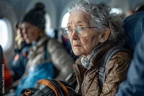 An elderly woman with glasses sits on an airplane, observing her surroundings with a contemplative expression. She is surrounded by fellow passengers, each engaged in their own activities