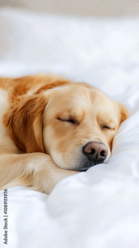A peaceful golden retriever sleeping soundly on a soft white blanket in a cozy indoor setting during the day A peaceful golden retriever sleeping soundly on a soft white blanket in a cozy indoor setting during the day