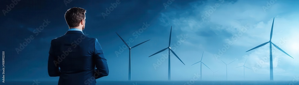 A businessman stands in front of wind turbines, symbolizing renewable energy and a sustainable future amidst a blue, cloudy backdrop. Energy stock investment concept. A businessman stands in front of wind turbines, symbolizing renewable energy and a sustainable future amidst a blue, cloudy backdrop. Energy stock investment concept.