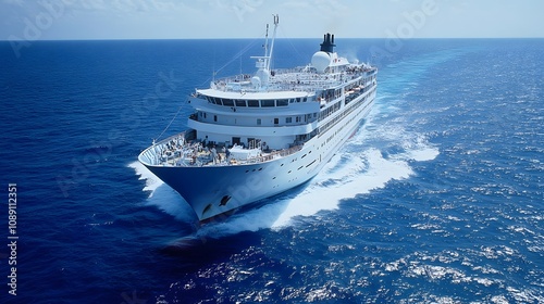 A luxurious merchant navy cruise ship cutting through vibrant blue waters, with passengers enjoying the sunny voyage.